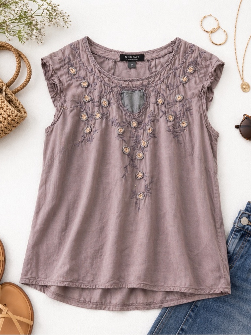 Nougat London Embroidered Silk Blend Blouse Gray Size 2 Boho